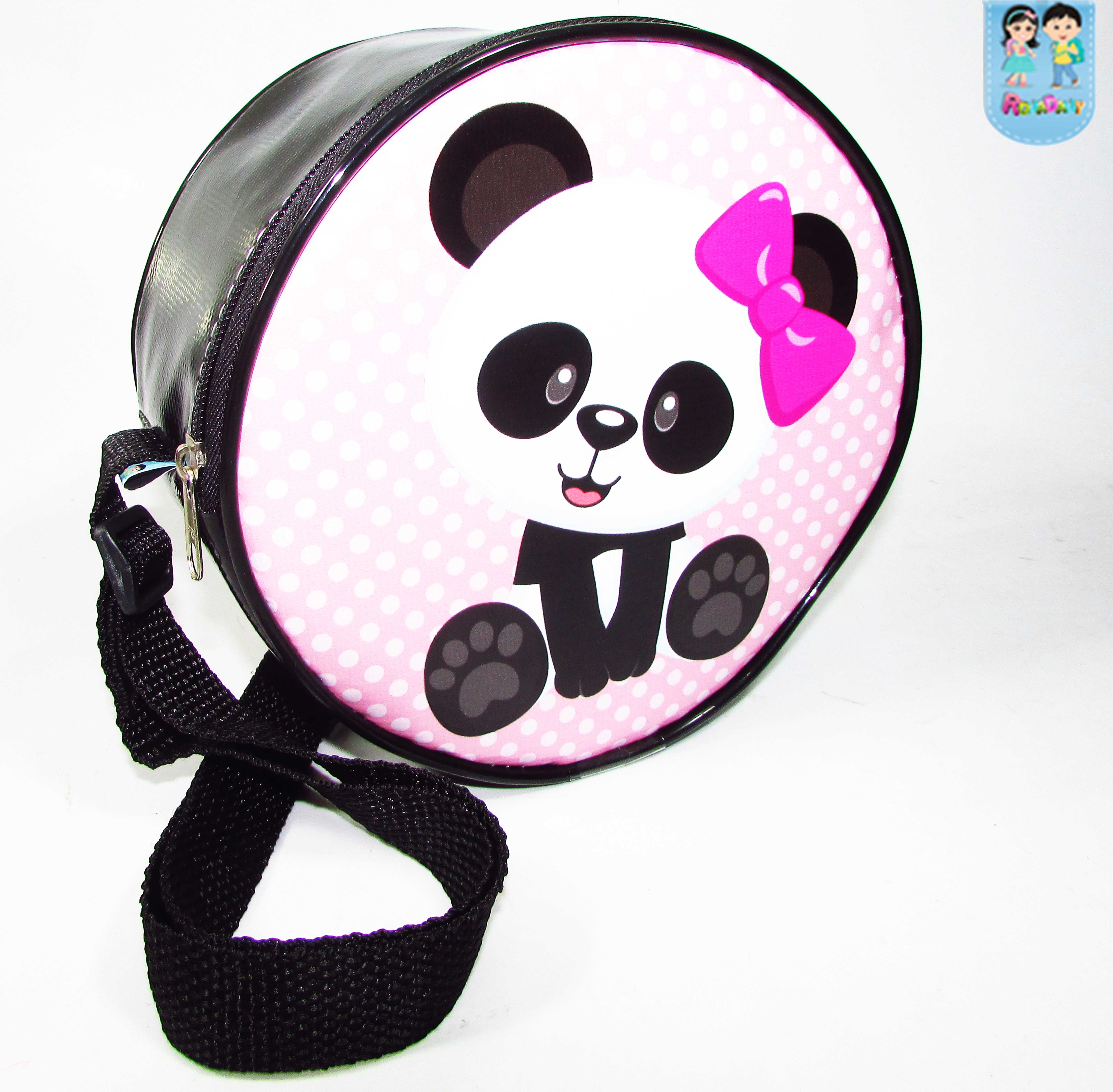 Bolsinha redonda tema panda com alça tira colo